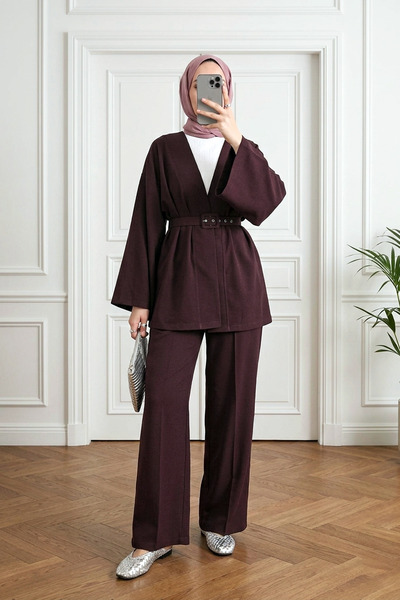 MODAQU Παντελόνι Κιμονό με Ζώνη, Σετ Δύο Τεμαχίων - Δαμασκηνί