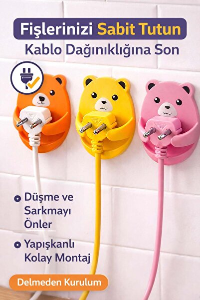 Genel Markalar Ayıcık Desenli Laptop Airfryer Kablo Fiş Düzenleyici Duvar Askısı Sabitleyici Tutucu - 4 Adet