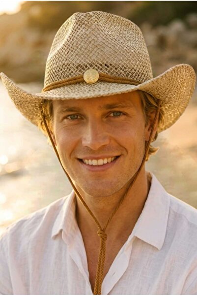 Mood Agenda Ανδρικό καπέλο καουμπόι από ψάθινο μπεζ χρώμα, μποέμ στυλ, διάτρη...