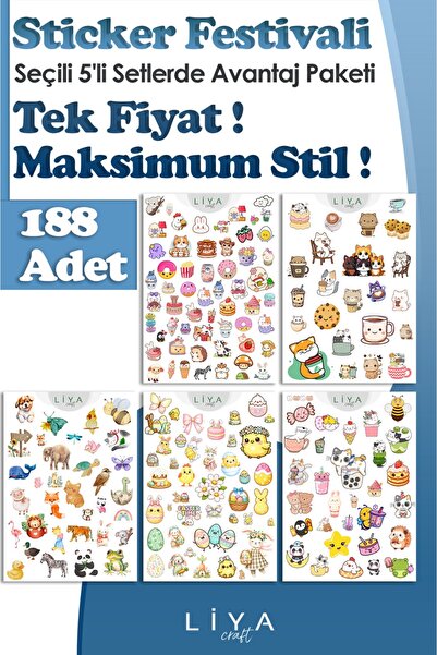 LiyaCraft 188 Parça Sevimli Sticker Seti,Kawaii,Tatlı Hayvan ve Tatlı Laptop,...