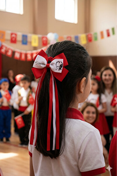 DODOMAR Παιδική φουρκέτα με σατέν φιόγκο με θέμα Ατατούρκ 23 Απριλίου, κόκκιν...