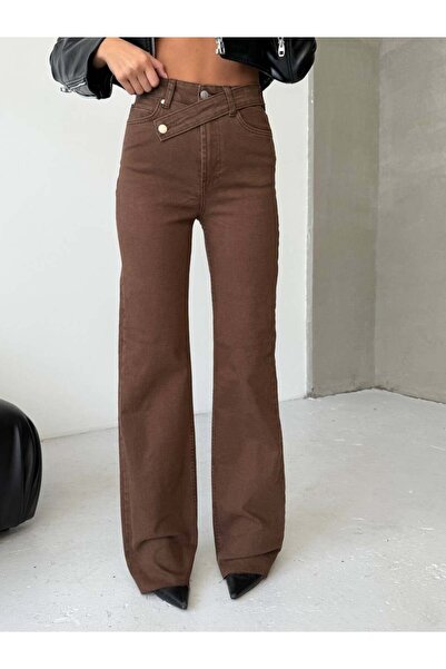 HerTon Γυναικείο ασύμμετρο τζιν παντελόνι με φαρδιά μπατζάκια και λεπτομέρεια...