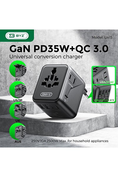 BYZ 35W GaN Universal Travel Adapter with PD & QC 3.0 (Model U415)