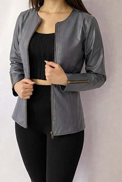 YAXİ Γκρι δερμάτινο μπουφάν