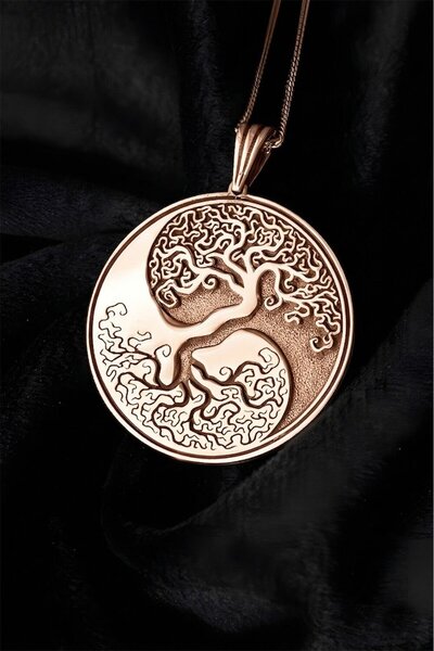 Takıdepo Yin Yang ve Hayat Ağacı Model Unisex Gümüş Kolye-Rose Rengi