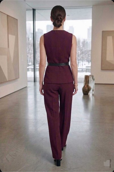 aytenli Round Neck Buttoned Belt Accessories Included Lined Vest Set Front Pleated Pocketed High Waist Trouser Suit
