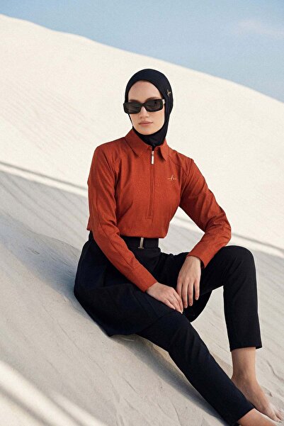 Haşema Vaha Collection Textured Fabric Shirt Collar Brick Color 5 Piece Full ...