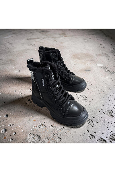 Conpax Κοριτσίστικες μαύρες δερμάτινες μπότες με φερμουάρ, ανθεκτικές στη φθο...