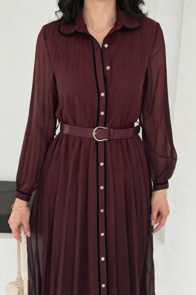 Noi Belis Maxi Boy Pleated Belt Detailed Woven Dress Ss26El0014