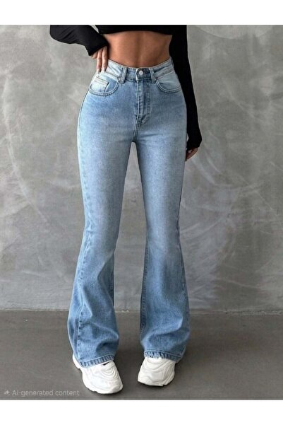 High Waist Spandex Leg Jean Trousers - Full Cotton Flare Denim with Antiquated Detail