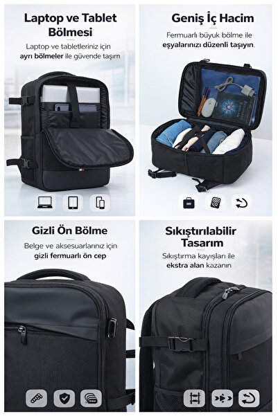 D'VERS Smart Kabin Boy Laptop ve Tablet Bölmeli, Suya Dayanıklı, Seyahat, Valiz, Sırt Çantası
