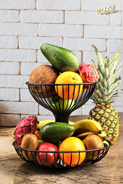 Saule 2 Katlı Metal Meyvelik Masa Üstü Sunumluk Lüks Meyve Sepeti Dekoratif S...