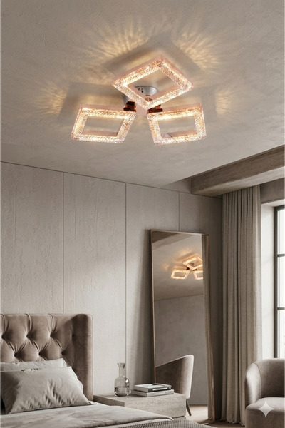 Lzy Avize Store 3 Renkli Kristal Kare 3’lü Gold Kumandalı Avize – Salon, Yeme...