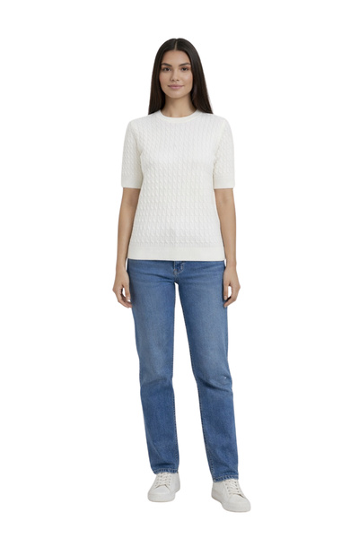 ModaYaren Λευκό κοντομάνικο πλεκτό μπλουζάκι με απαλή υφή και λαιμόκοψη ποδηλ...