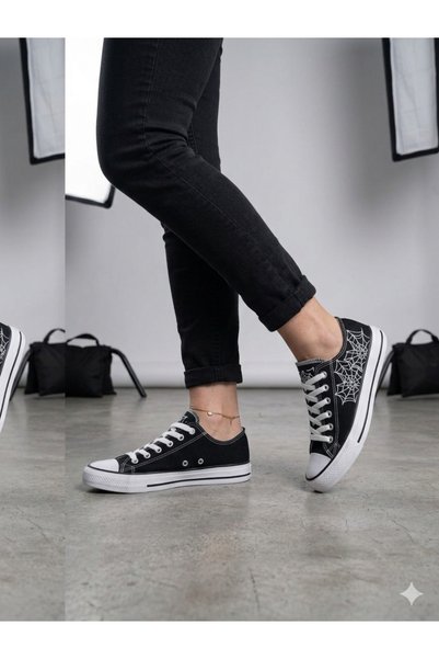 Lideral Unisex Black Spider Web Patterned Heart Spider Canvas Shoes Sneakers
