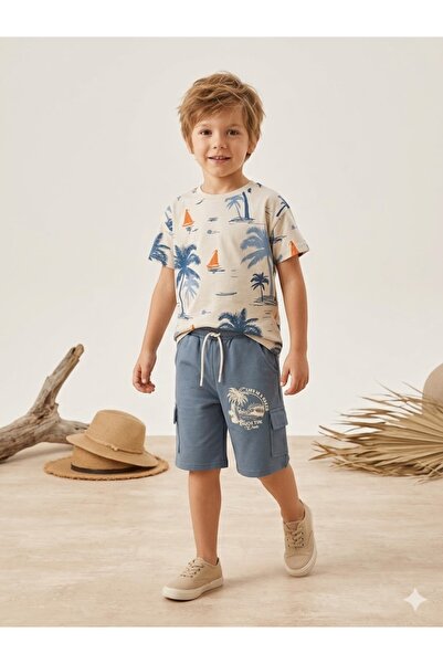 SERRASTIL Boy's Palm Tree Patterned White Color Cotton Short Sleeve Short Sum...