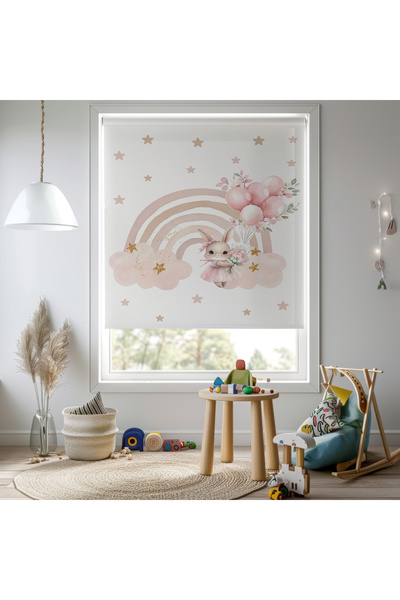 Home Kız Odası - Gökkuşağı Tavşan Baskılı Stor Perde