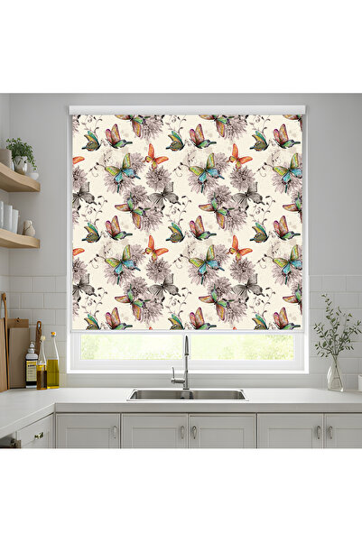 Home Vintage Kelebek ve Çiçek Desenli Baskılı Stor Perde – Sanatsal Dekoratif...