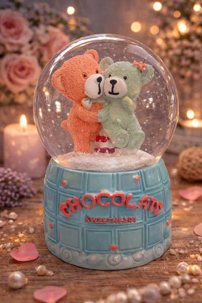 Bakgeldi Sevimli Ayıcık Çift Figürlü Chocolat Sweetheart Işıklı Müzikli Kar K...