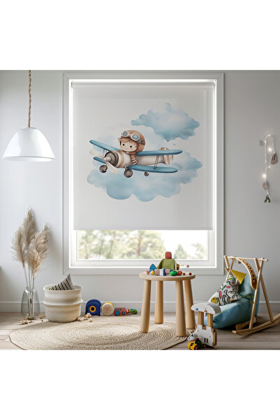 Home Erkek Odası - Sevimli Pilot ve Uçak Desenli Erkek Bebek Odası Stor Perde