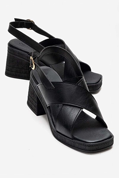 CCWAY AYAKKABI Γυναικεία πέδιλα με τακούνι και λουράκια στα δάχτυλα ΜΑΥΡΟ