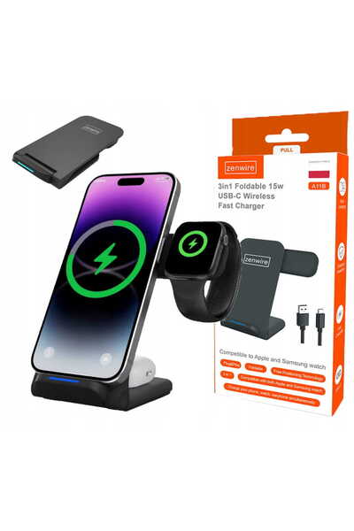zenwire Încărcător wireless 3 în 1 A11B, 15W, Pliabil, Pentru iPhone/Samsung/...