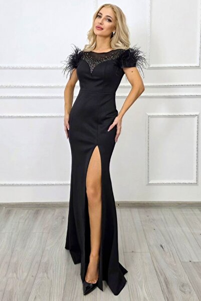 FashionForYou Κλαριμόντ μακρύ βραδινό φόρεμα με ενσωματωμένα φτερά και κρύστα...