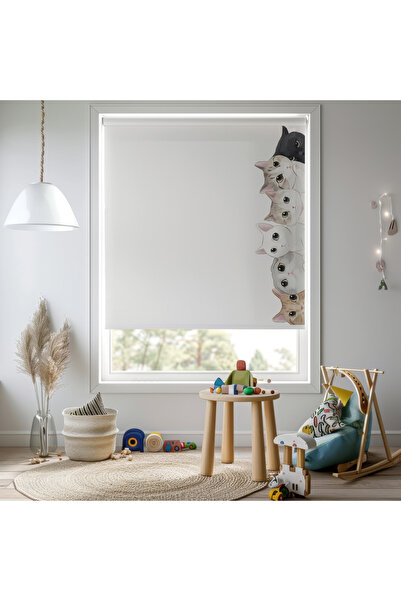 vanilyahome Kız ve Erkek Odası - Sevimli Kedili Minimal Baskılı Stor Perde