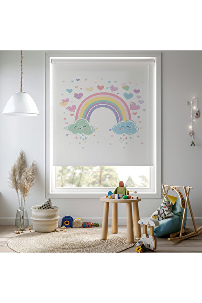 Home Kız Odası - Sevimli Gökkuşağı ve Kalp Figürlü Kız Çocuk Odası Stor Perde...