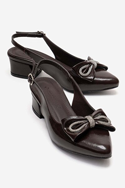 CCWAY AYAKKABI Stoned Bow Tie Open Women's Heeled Shoes Brown Crinkled