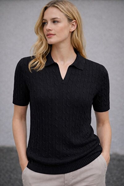 threeoff Γυναικείο πλεκτό πουκάμισο με γιακά, μπλούζα με σχέδιο πλεξούδας, κα...