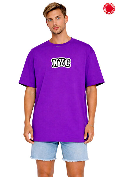 DUBU BUTİK Unisex Oversize Μωβ μπλουζάκι NYC με στάμπα 100% βαμβάκι Streetwea...