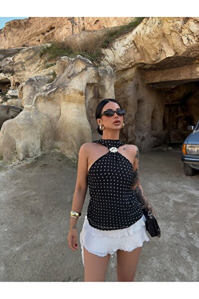 aytenli Γυναικεία μπλούζα από σιφόν με πουά - Κομψή μπλούζα με μεταλλική αγκρ...