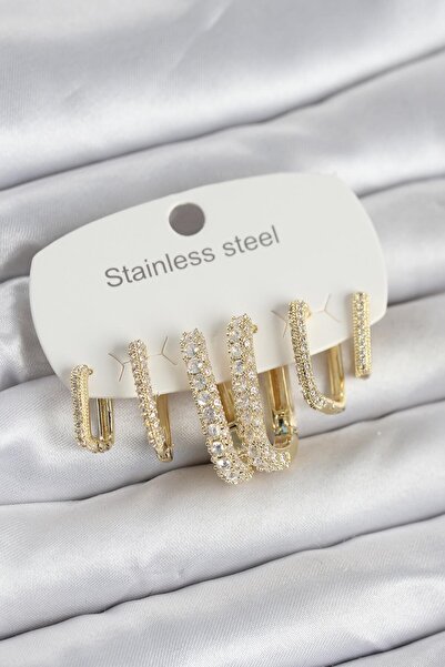 Lisinya 316L Steel Gold Color Set of 6 Women's Earrings with Zircon Stone -