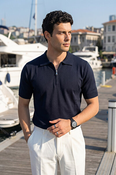 Livio Ferri Allen Premium Zippered Polo Collar Men's Knitwear T-Shirt