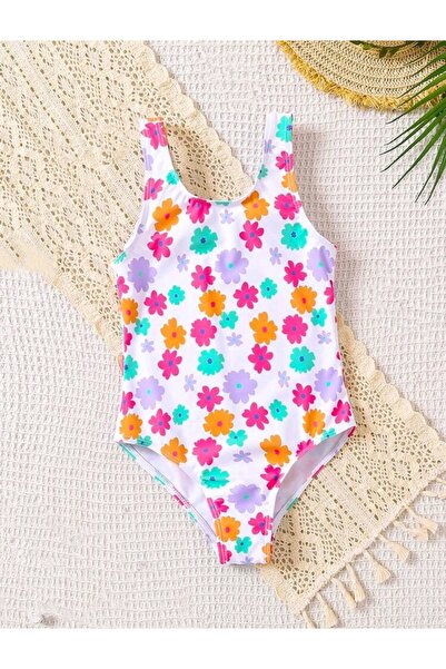 OEM Costum de baie fete, intreg, alb cu imprimeu floricele multicolore, 5 ani...