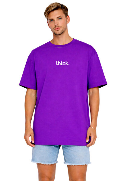 DUBU BUTİK Unisex Oversize Μωβ μπλουζάκι με στάμπα Think, 100% βαμβάκι, Minim...