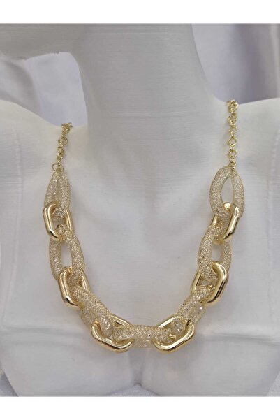 MY ESTA JEWELRY YENİ SEZON GOLD RENK KRİSTAL FİLE DOLGULU İRİ HALKALI KOLYE