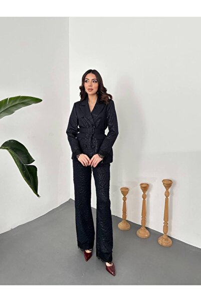 Ekim Store Σετ μπλέιζερ με δαντέλα και ζώνη με σχέδιο λεοπάρ