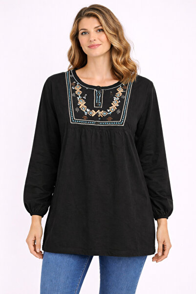 Şans Γυναικεία Μπλούζα Μεγάλου Μεγέθους Μαύρη, με Λεπτομέρεια Κεντήματος, Ελα...
