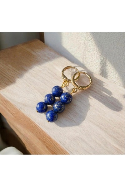 Taşmir Lapis Lazuli Taşı 3 Top Altın Kaplama Küpe