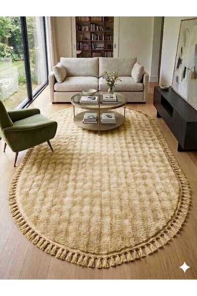 ALTUN CARPET Modern Babil Yellowish Beige Oval Pompom Fringed Living Room Hal...