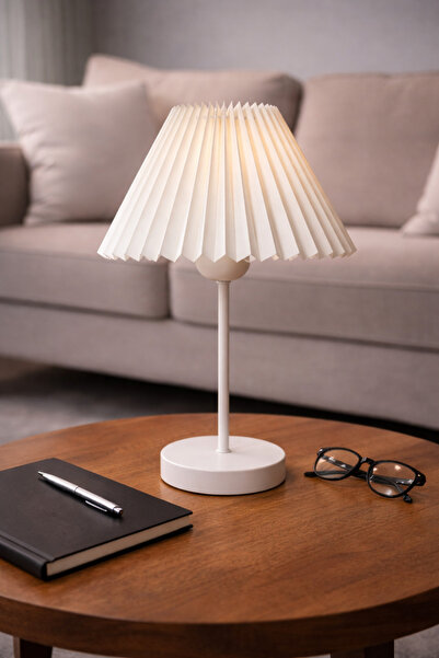 EvLight Liora Metal White Legged Pleated Cream Bedside Table Lampshade