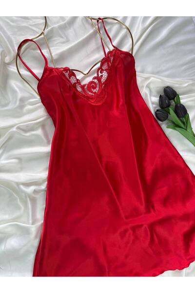 ROZENİN LINGERIE Plus Size Lace Detailed Satin Adjustable Strap Dress Nightgown