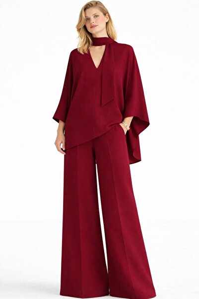ALYEL NAKER Mobile Shawl Detailed Regular Blouse & Wide Leg Pants Crepe Set