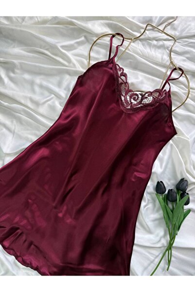 ROZENİN LINGERIE Plus Size Lace Detailed Satin Adjustable Strap Dress Nightgown