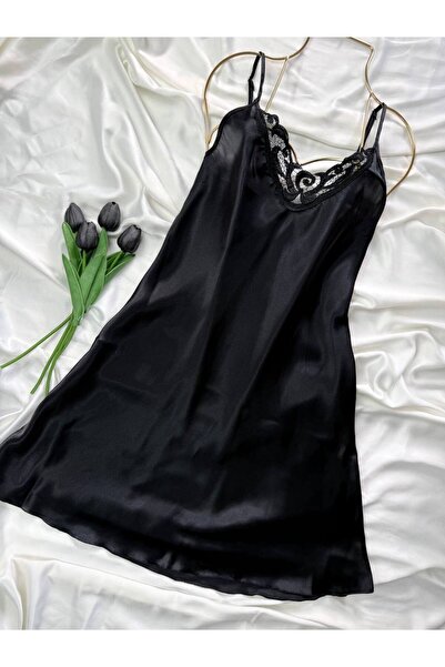 ROZENİN LINGERIE Plus Size Lace Detailed Satin Adjustable Strap Dress Nightgown