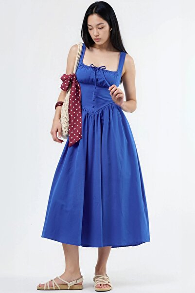 Hiccup Busem Buttoned, Square Neck Midi Dress