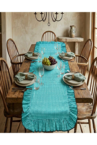 AviraHome Turkuaz Fırfırlı Pötikare Runner 40x120