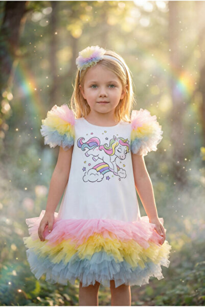 Pamina Kız Bebek Çocuk Unicorn Abiye Parti Elbisesi 6-12-18-24 Ay 35039PR